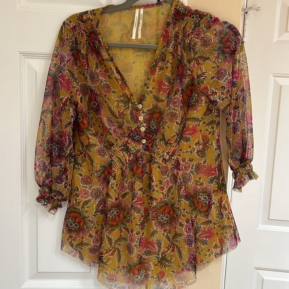 Anthropologie Gretchen Yellow Mesh Floral Print Smocked Top Blouse - Picture 2 of 9